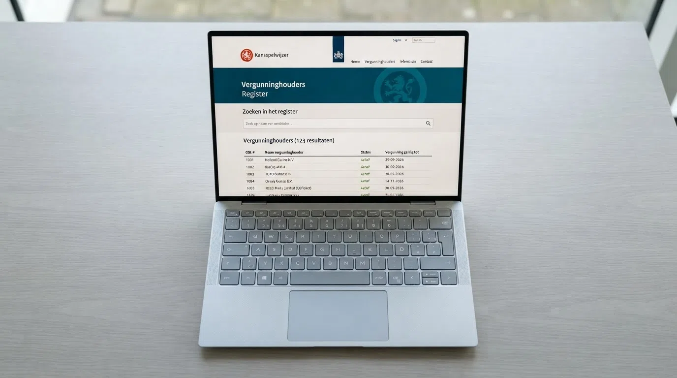 Het scherm van de Kansspelwijzer-website met een zoekbalk en een lijst van vergunninghouders, met het KSA-logo bovenaan de pagina