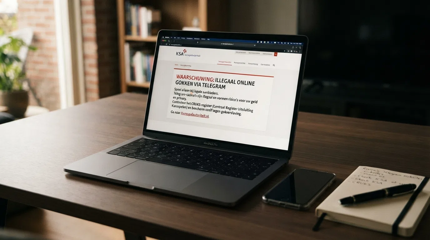 Schermafbeelding van de Kansspelautoriteit-website met waarschuwingstekst over illegaal online gokken en het CRUKS-register