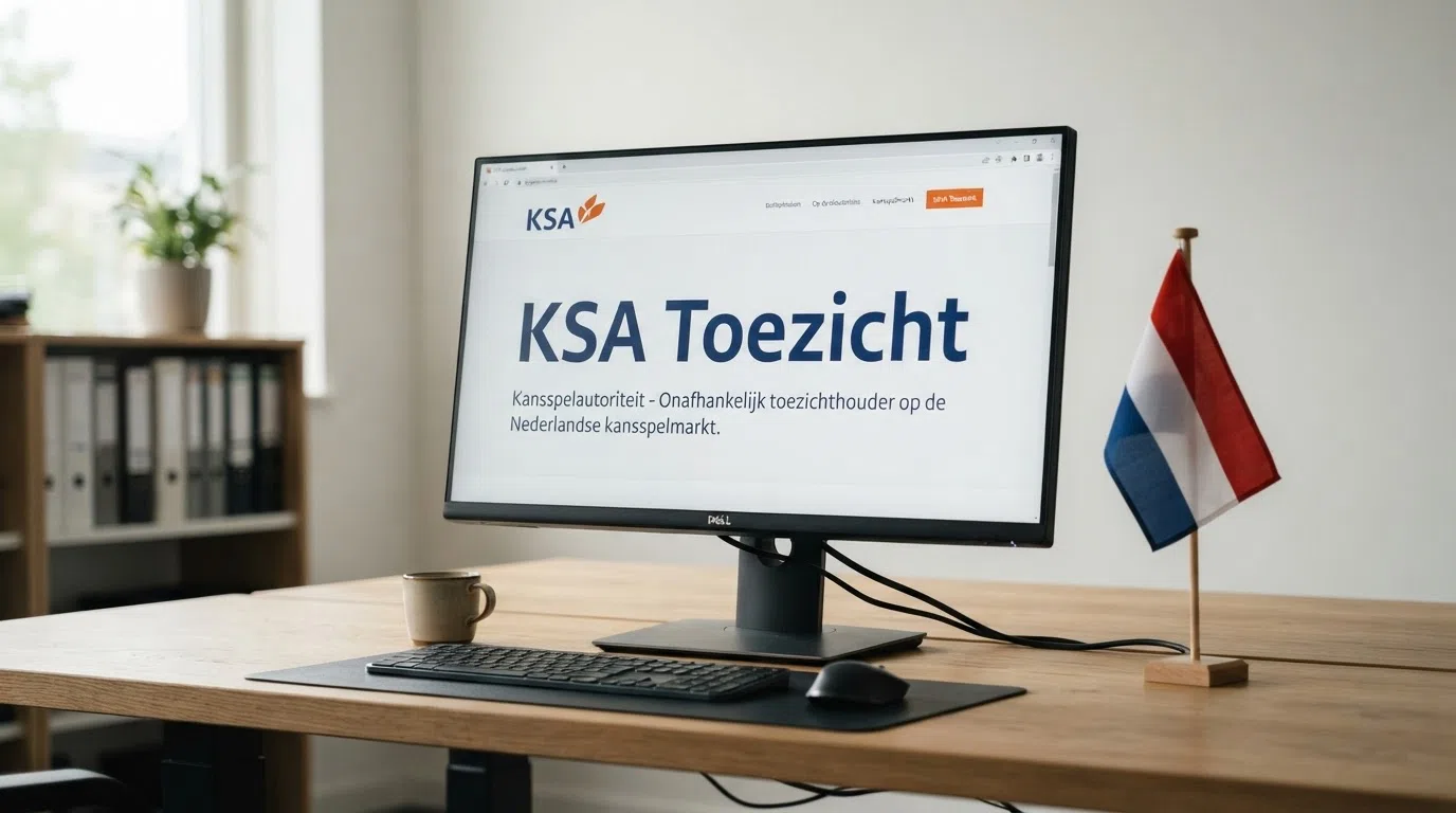 Het logo van de Kansspelautoriteit op een beeldscherm, geflankeerd door een Nederlandse vlag en het woord 'Toezicht'