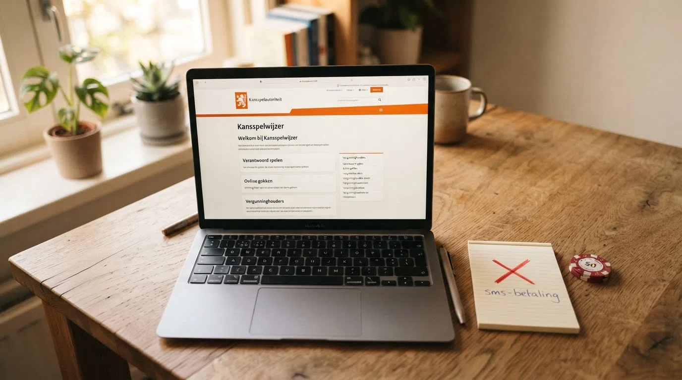 Het KSA-logo en het Kansspelwijzer-scherm op een laptop, met daarnaast een rood kruis door het woord “sms-betaling”