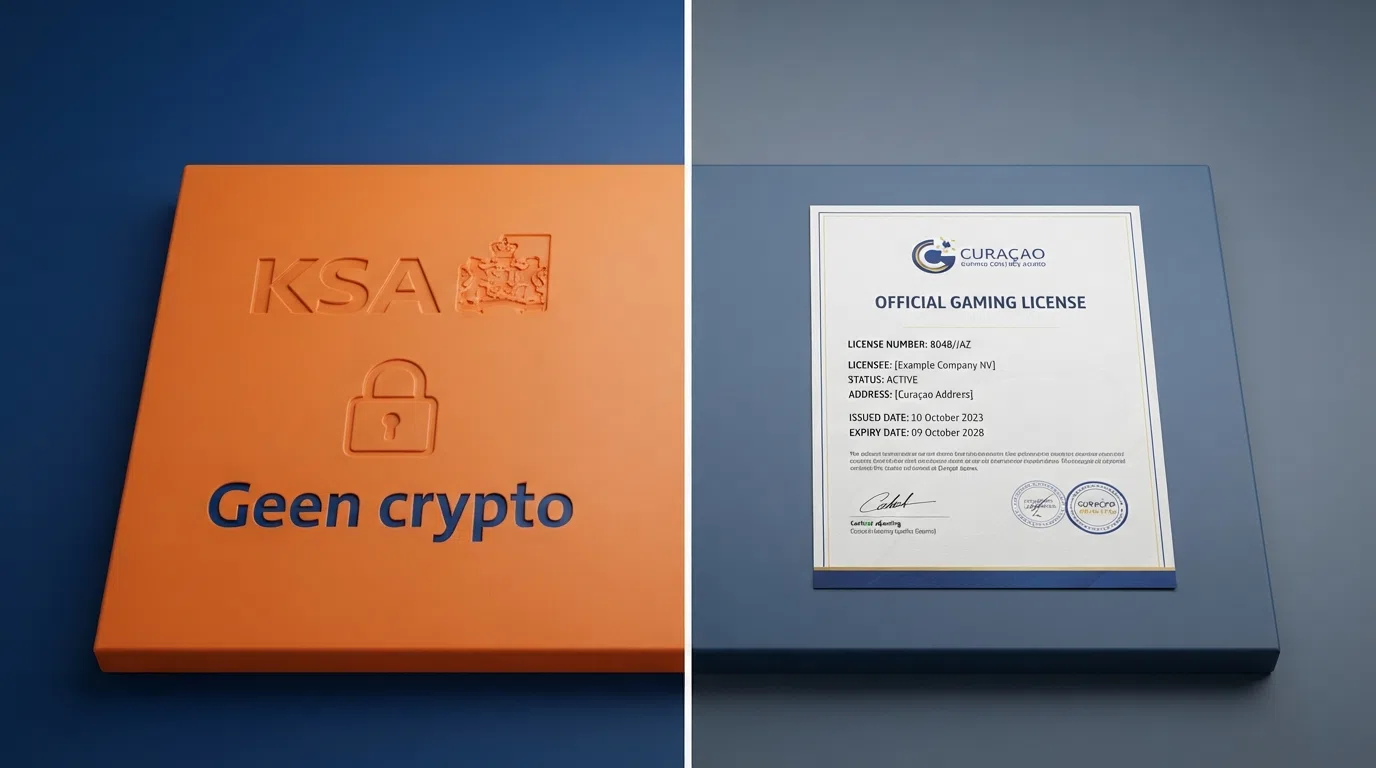 Een gesplitst beeld dat het contrast toont: links het KSA-logo met een slot eronder en de tekst “geen crypto”, rechts een Curaçaos licentie-symbool met een Litecoin-munt ernaast