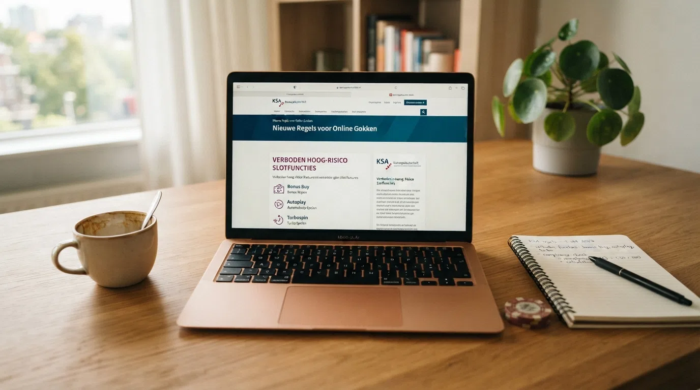 Het logo van de Kansspelautoriteit naast een informatiepaneel met de drie verboden functies: bonus buy, autoplay en turbospin