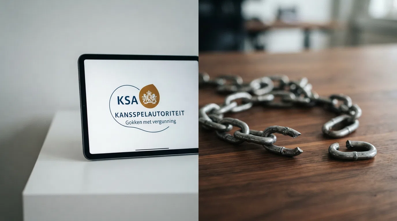 Een visuele weergave van het onderscheid tussen KSA-gereguleerd en offshore — bijvoorbeeld een Nederlands wapen naast een ketting die doorbroken wordt