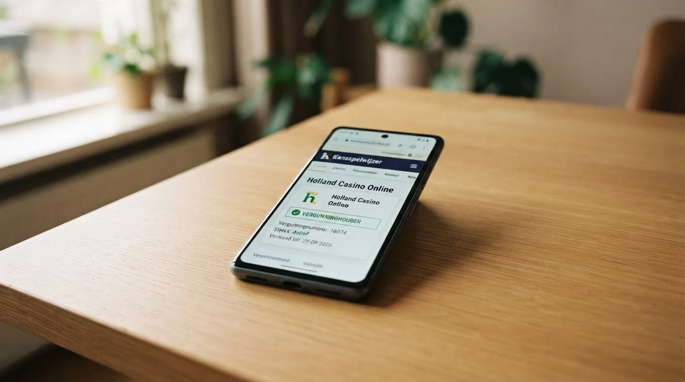 Het Kansspelwijzer-scherm op een Android-telefoon met een ingevulde zoekopdracht en de status 'Vergunninghouder' in het resultaat