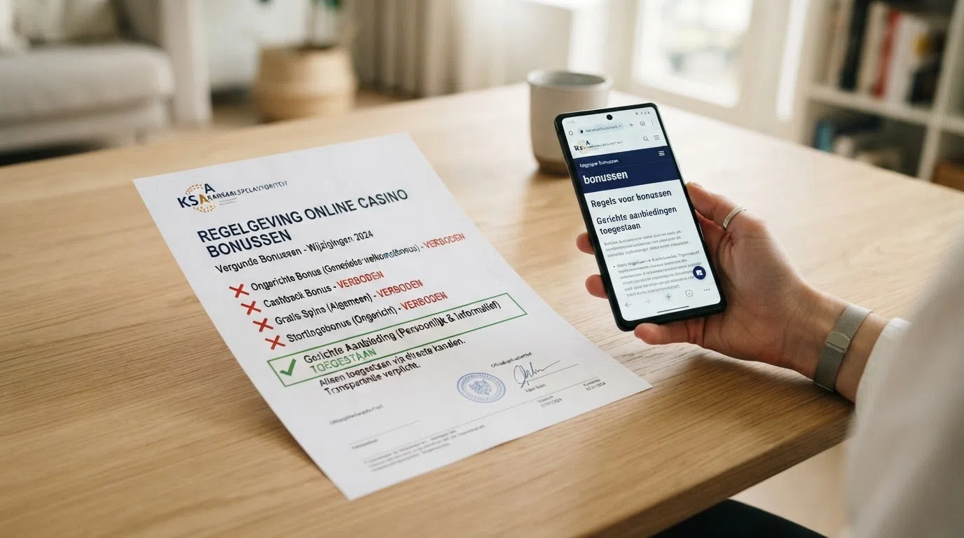 Het logo van de Kansspelautoriteit op een wit document met het woord 'Vergunning' in rood, ernaast een lijst met doorgehaalde bonusvormen — 'ongerichte bonus', 'cashback', 'autoplay' — met een groen vinkje naast 'gerichte aanbieding'.