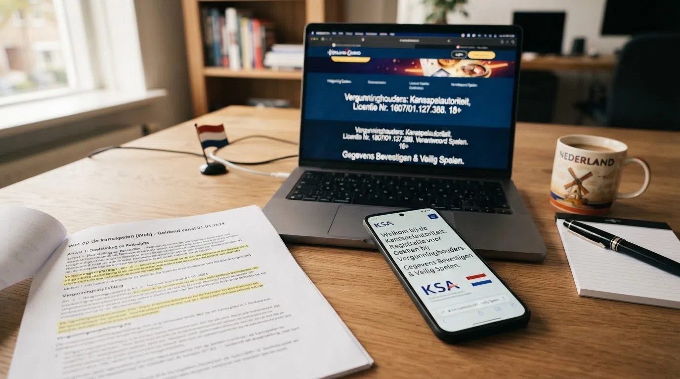 Het logo van de Kansspelautoriteit naast een smartphone met het Cruks-registratiescherm en een KOA-wettekst op de achtergrond