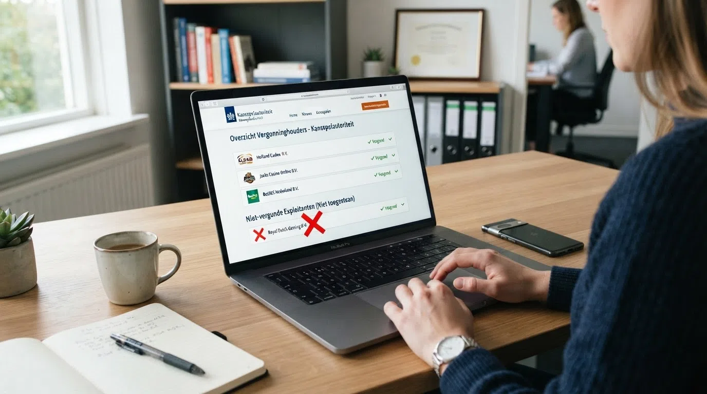 Het Kansspelwijzer-register op een beeldscherm, met een uitgelicht licentienummer en een rood kruis door een niet-geregistreerd casino