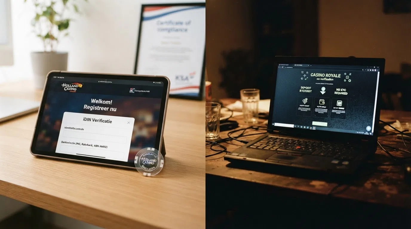 Een visuele vergelijking tussen een KSA-vergunde omgeving (met slotjes, CRUKS-logo, iDIN) en een illegaal platform (zonder keurmerken, met crypto-opties)
