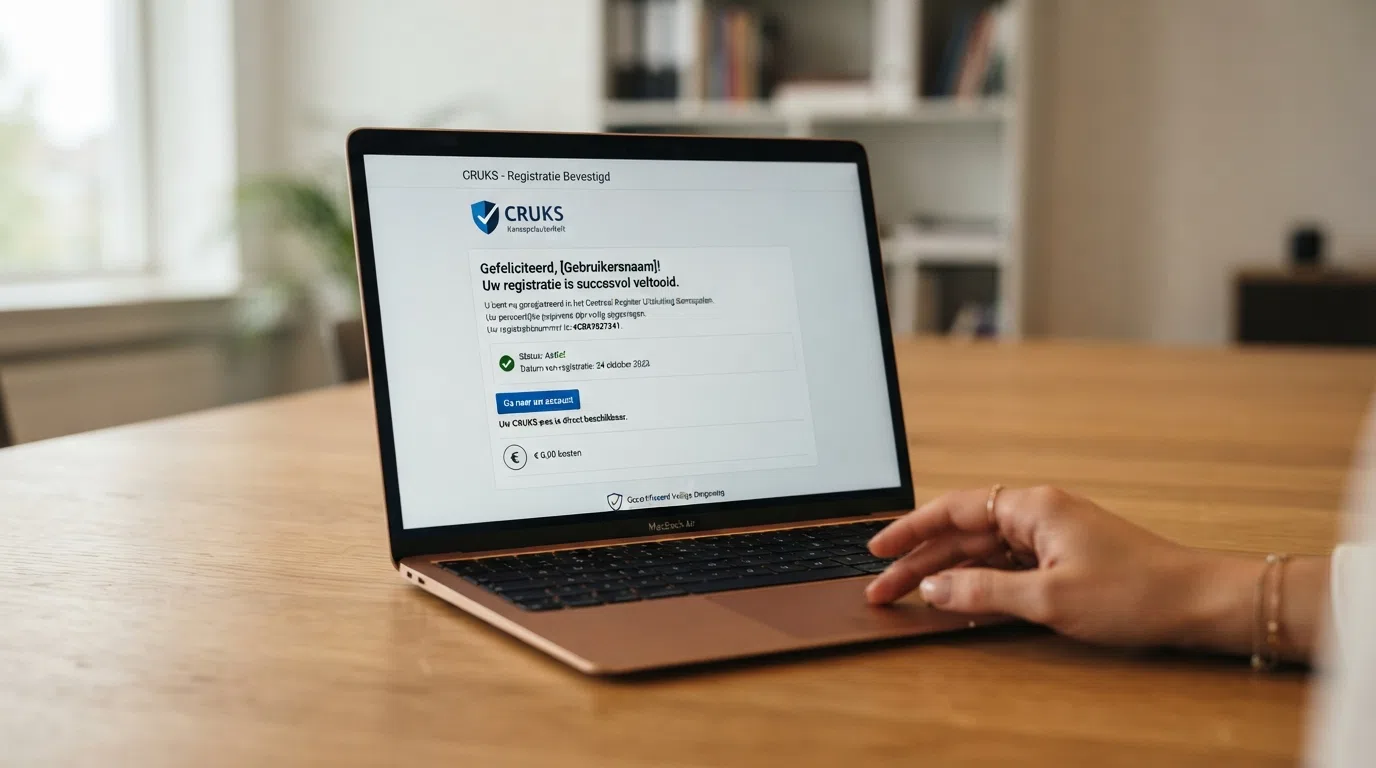Het logo van de Kansspelautoriteit met een CRUKS-registerbevestiging op een scherm op de achtergrond