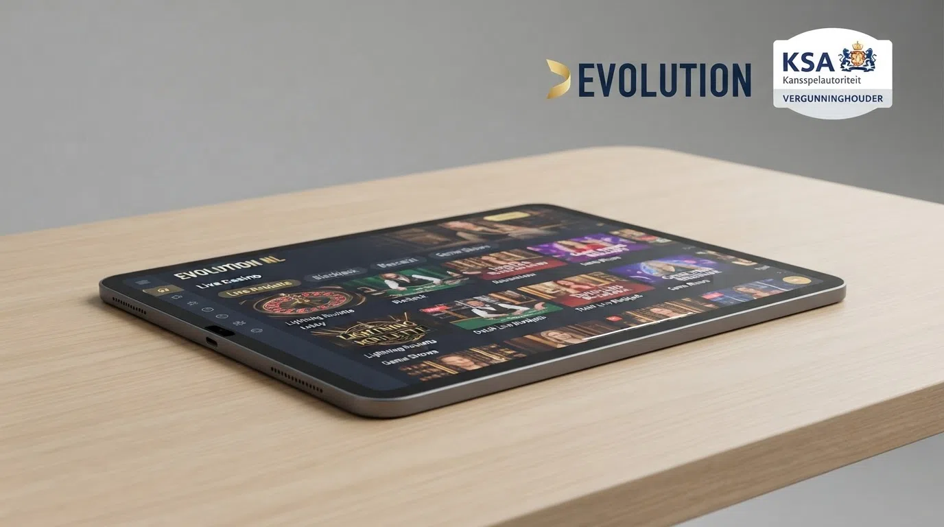 Het logo van de Kansspelautoriteit naast het Evolution Gaming-logo op een casino-vergunningenpagina