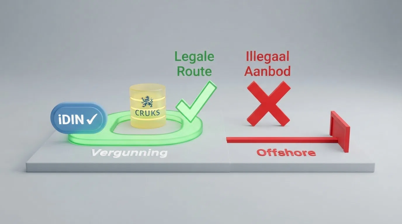 Een stroomschema met de route van ID-verificatie naar KSA-vergund spelen, en een rood kruis bij de offshore-route