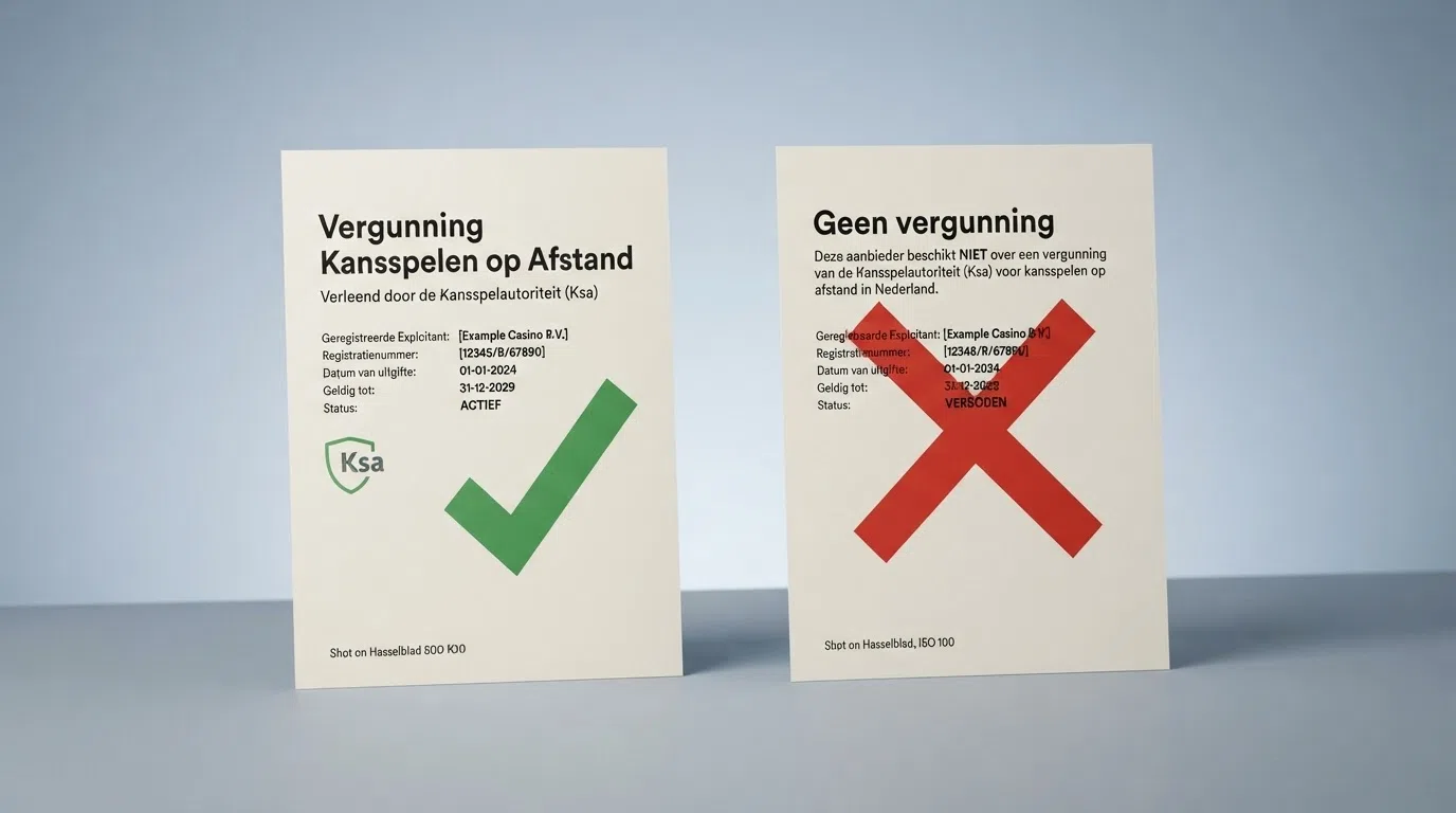 Het logo van de Kansspelautoriteit naast een KSA-vergunning-document met een groen vinkje, en daaronder een rood kruis bij 'geen vergunning'