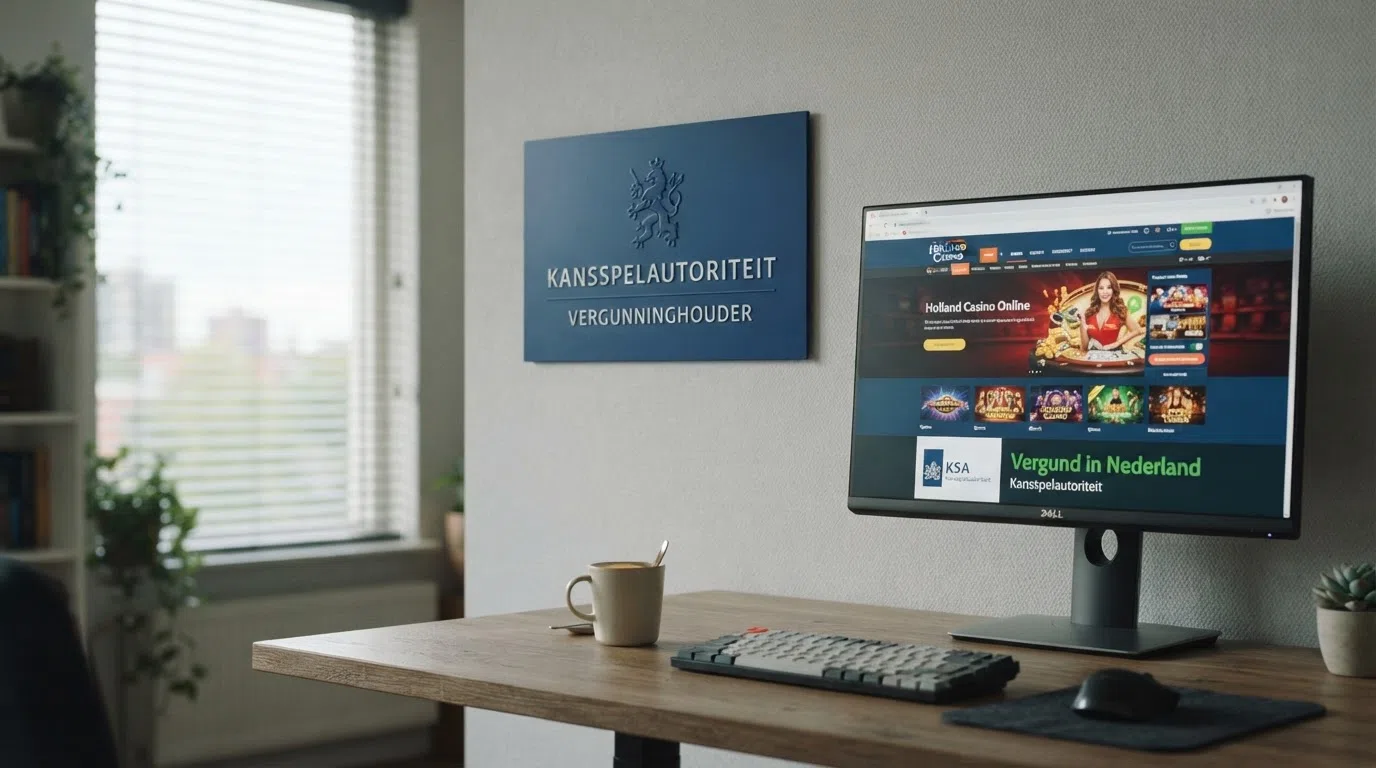 Het logo van de Kansspelautoriteit naast een groen vinkje en het woord “Vergund” op een casino-startpagina