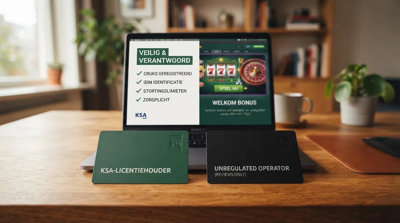 Het logo van de Kansspelautoriteit naast een rood waarschuwingssymbool voor illegale casino's