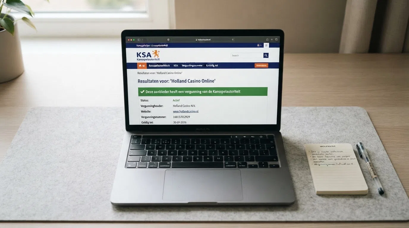 Een screenshot van de kansspelwijzer op de KSA-website met een ingevoerde domeinnaam en het resultaat