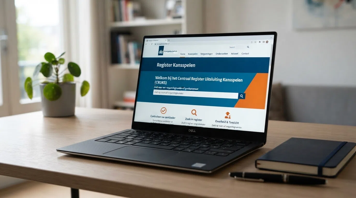 De homepage van het Kansspelautoriteit-register met de zoekbalk voor het controleren van een casino