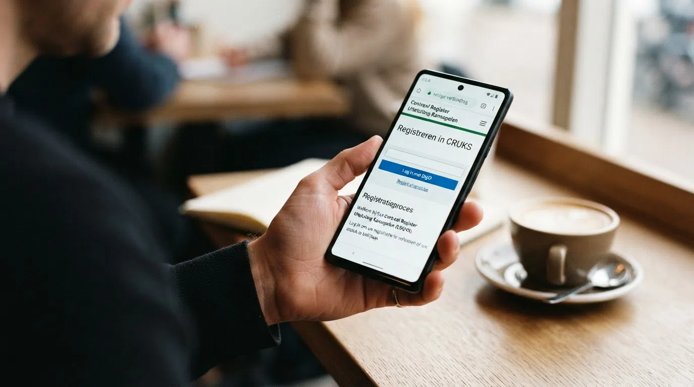 Een smartphone-scherm dat het CRUKS-registratieportaal en het KSA-logo toont naast het groene slotpictogram van een beveiligde verbinding