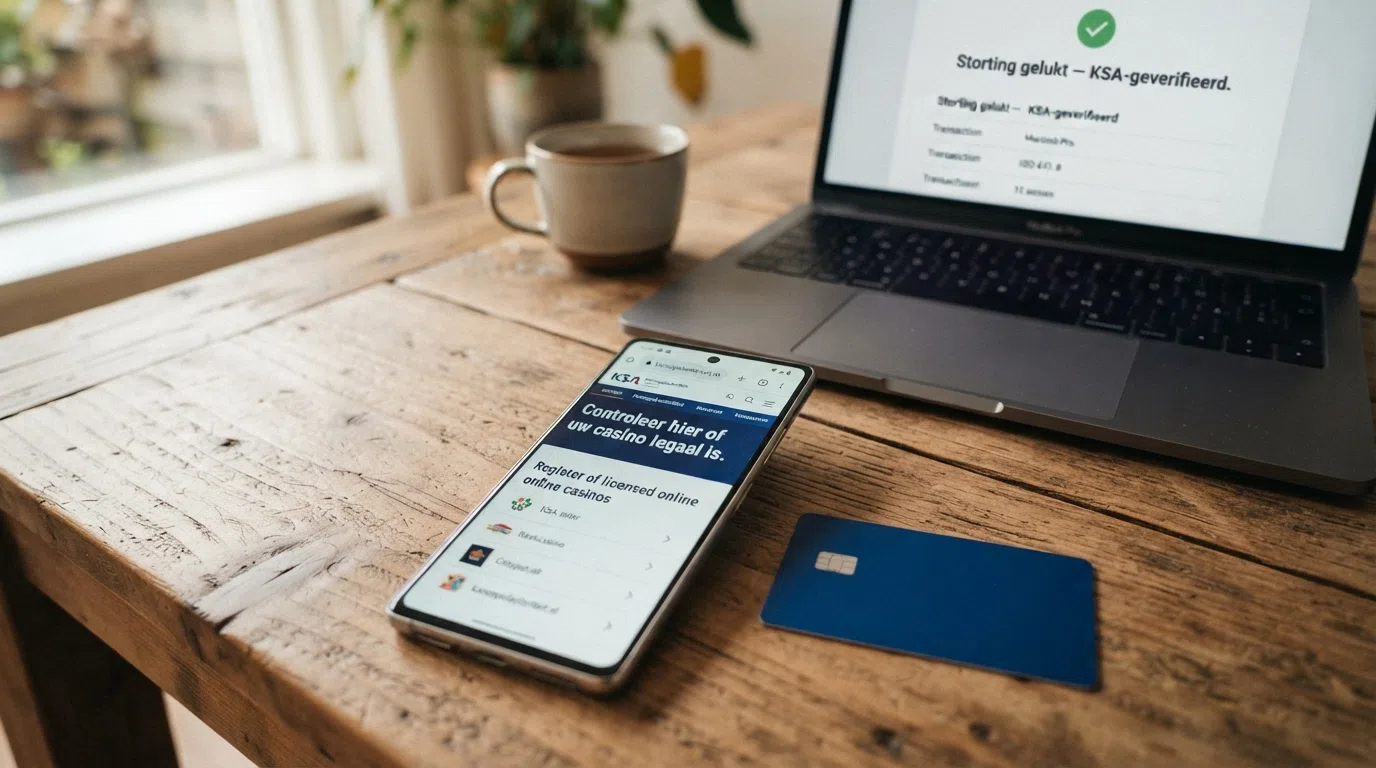 Een smartphone toont de Kansspelautoriteit-website met het register van legale online casino's, met daarnaast een bankpas en een scherm met 'Storting gelukt — KSA-geverifieerd'.