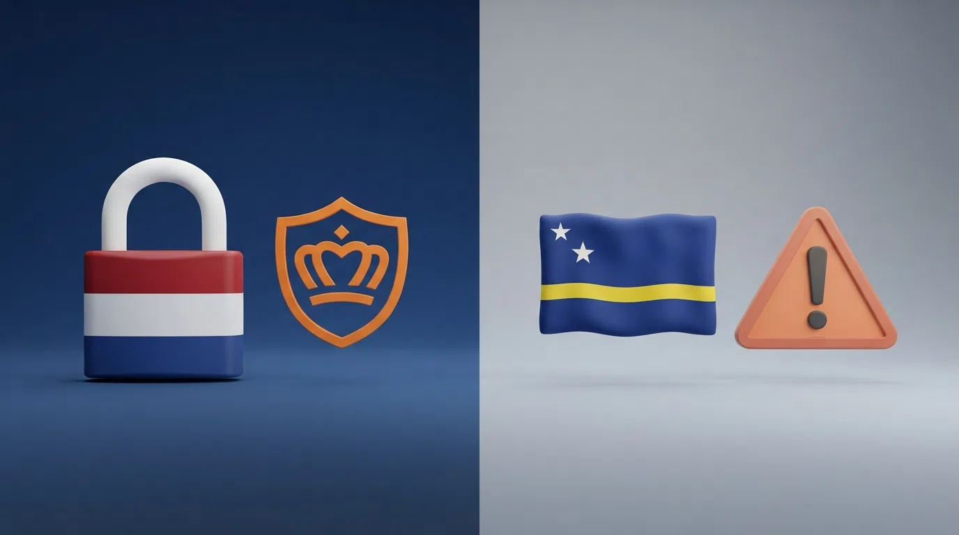 Een visuele vergelijking: links het KSA-logo en een slot met Nederlandse vlag, rechts een Curaçaose vlag en een waarschuwingssymbool
