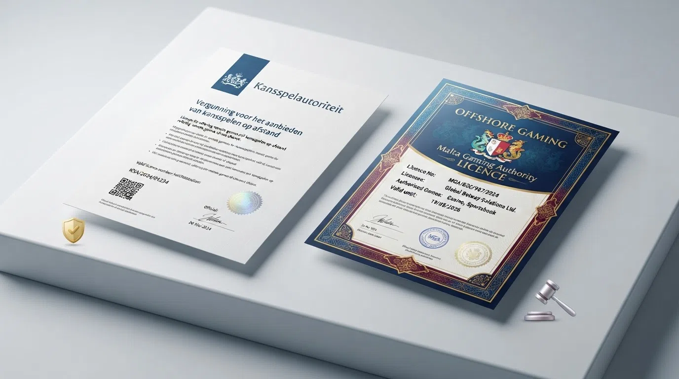 Een visuele vergelijking van een Nederlands KSA-vergunningsdocument naast een Curaçaose goklicentie, met kruisjes bij de beschermingen die bij de offshore-licentie ontbreken