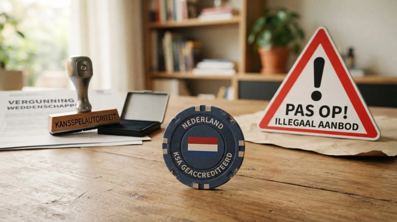 een stempel van de Kansspelautoriteit naast een waarschuwingsdriehoek — het legale en het illegale circuit naast elkaar