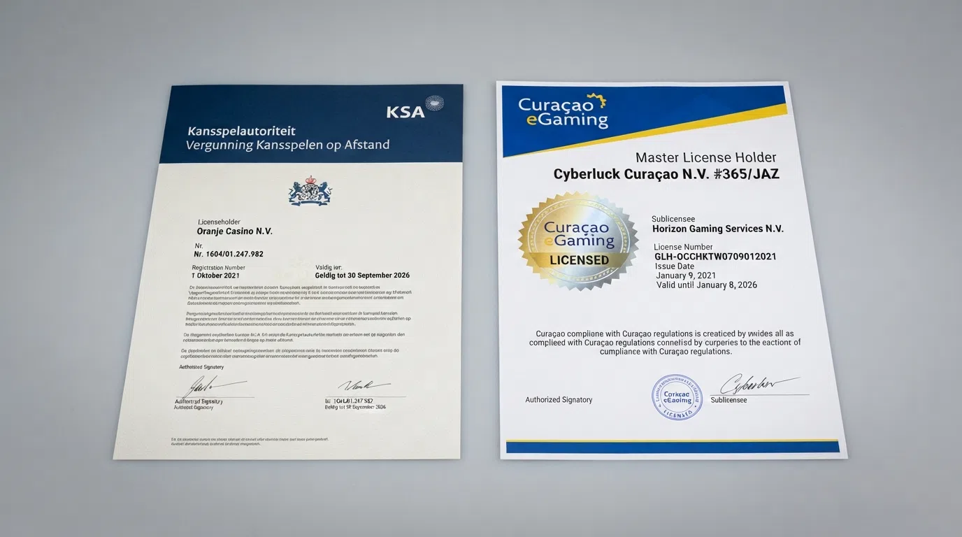 Een close-up van twee documenten: een officieel Nederlands KSA-vergunningsbewijs met het Rijkswapen naast een Curaçaose kansspellicentie met afwijkende opmaak en zegel.