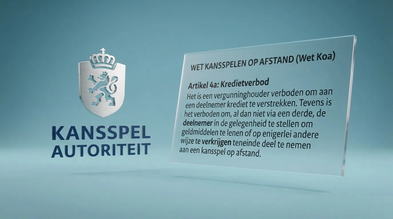 Het logo van de Kansspelautoriteit naast een fragment uit de Wet kansspelen op afstand met het artikel over het kredietverbod.