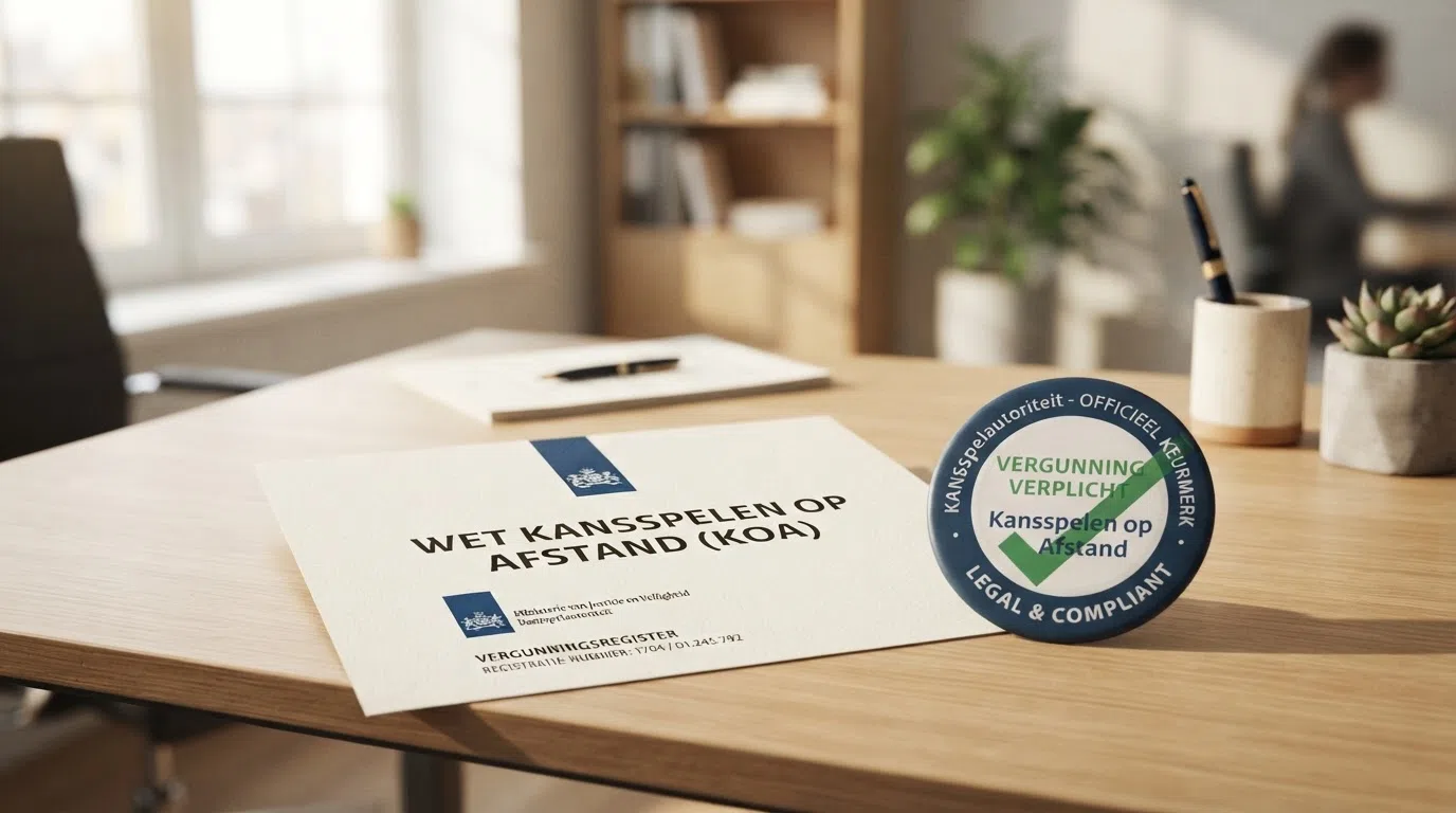 Het logo van de Kansspelautoriteit naast het omslag van de Wet Kansspelen op Afstand, met een groen vinkje en de tekst “Vergunning verplicht” in het Nederlands.