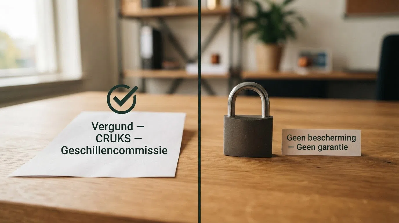Een splitscreen: links het KSA-logo met een groen vinkje en de tekst “Vergund — CRUKS — Geschillencommissie”, rechts een grijs slot zonder keurmerk met de tekst “Geen bescherming — Geen garantie”