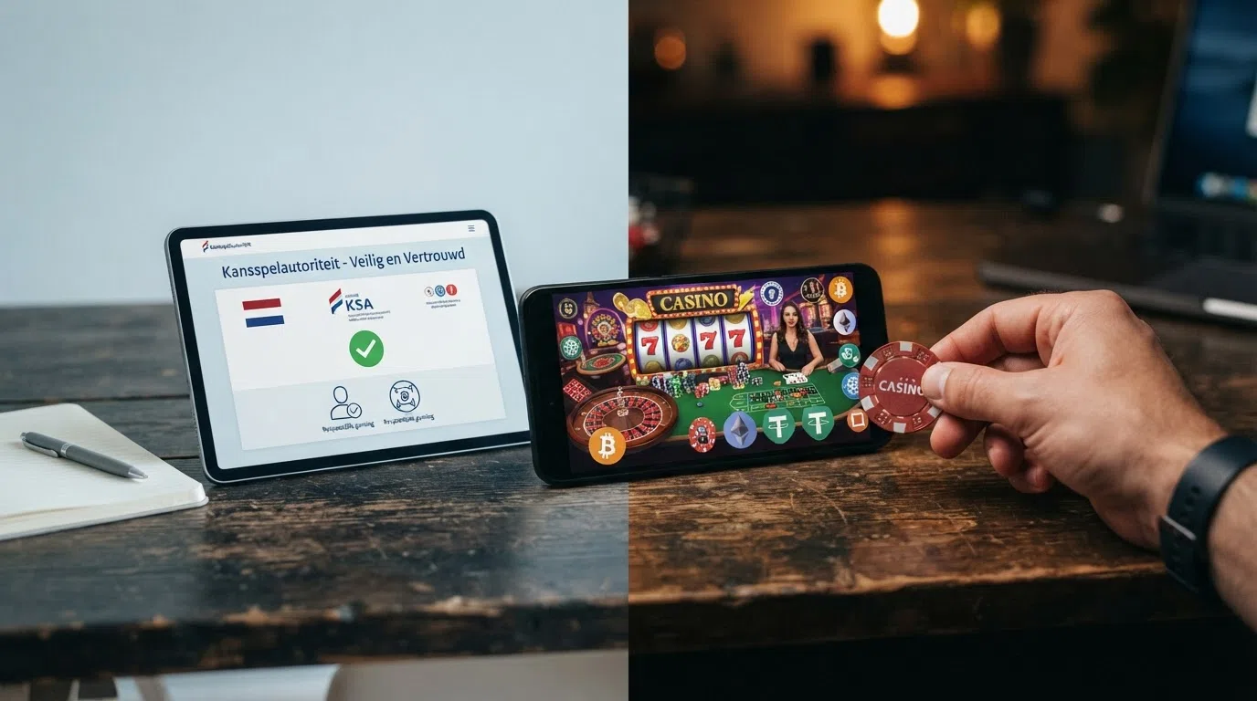 Een schematische vergelijking van twee werelden: links het KSA-logo met iDIN-verificatie en vinkje, rechts een offshore casino-interface met het Dogecoin-symbool en een waarschuwingsicoon