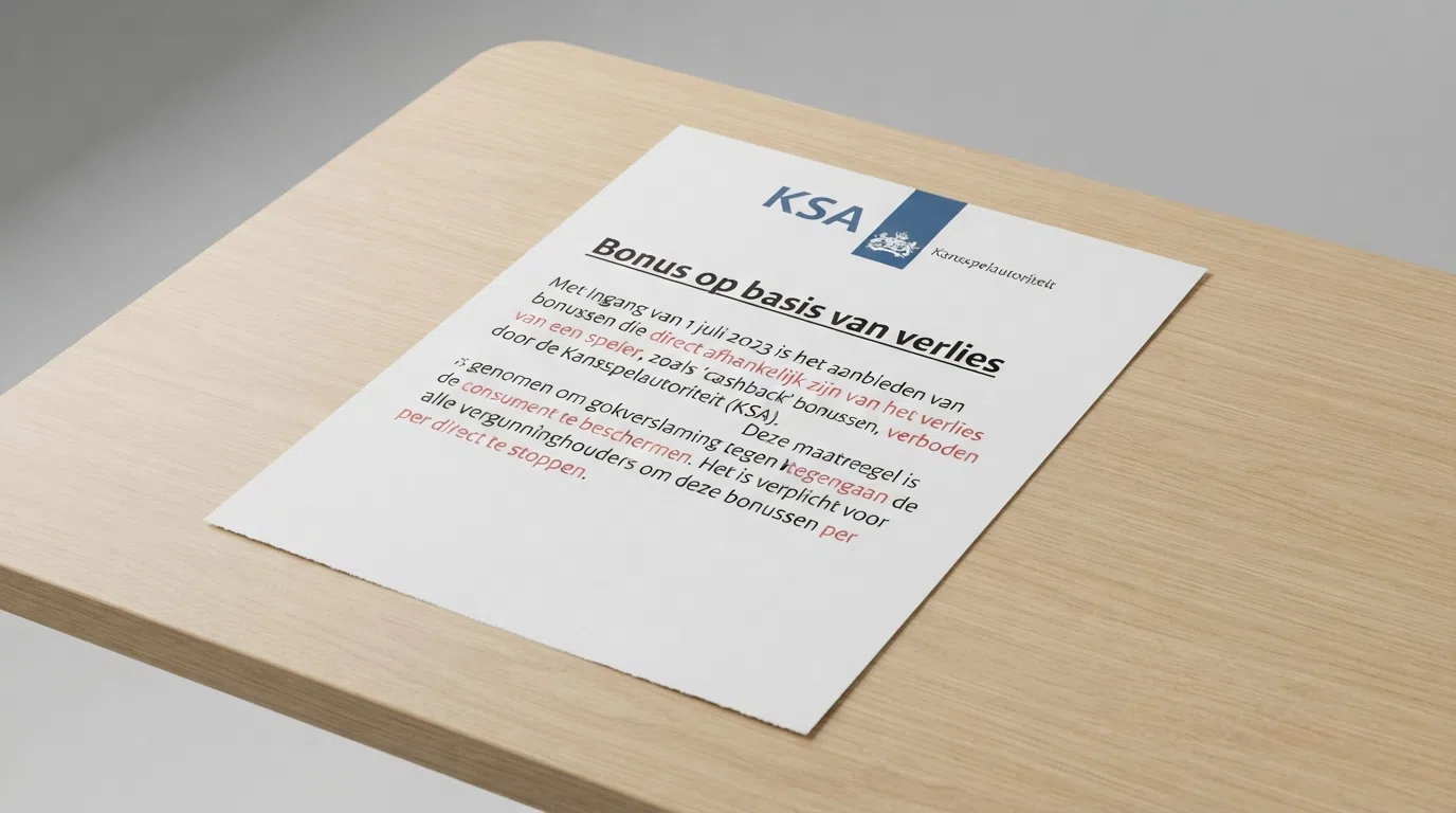 Een officieel ogend document met de tekst 'bonus op basis van verlies' en het KSA-logo, liggend op een bureau