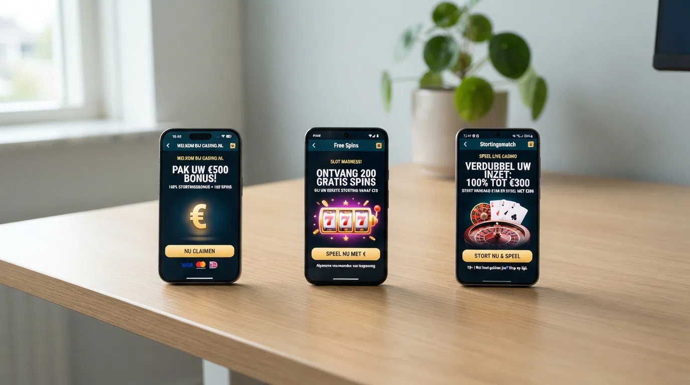 Een rij van drie Nederlandse casino-welkomstschermen met 'Welkomstbonus', 'Free Spins' en 'Stortingsmatch' in beeld