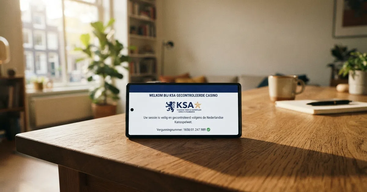 Het KSA-logo op een scherm met een Nederlands casino dat een iDIN-verificatiescherm toont