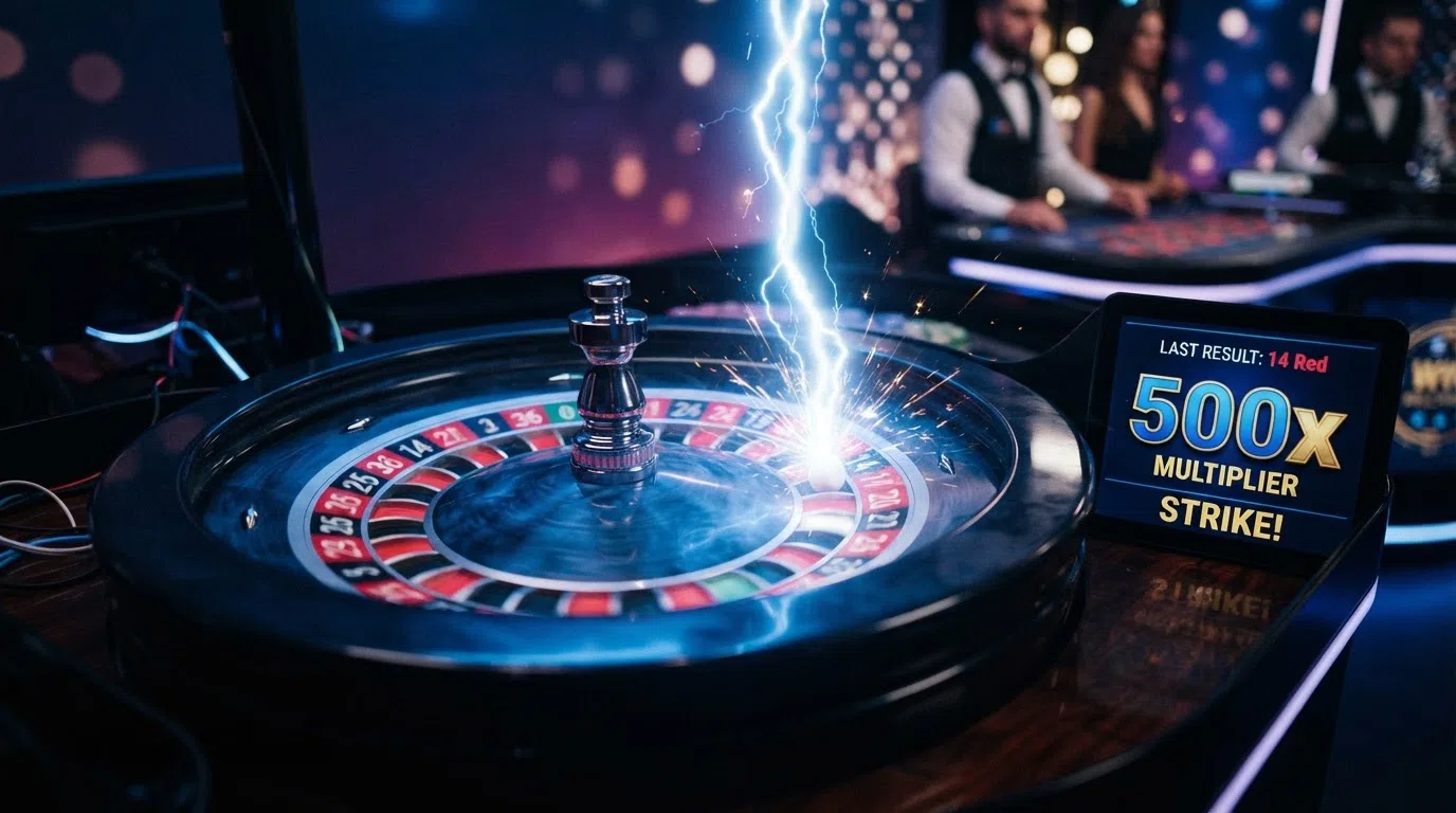 Een speelscherm van Lightning Roulette waarop een bliksemschicht een getal raakt en de multiplier van 500x oplicht naast het winnende vak