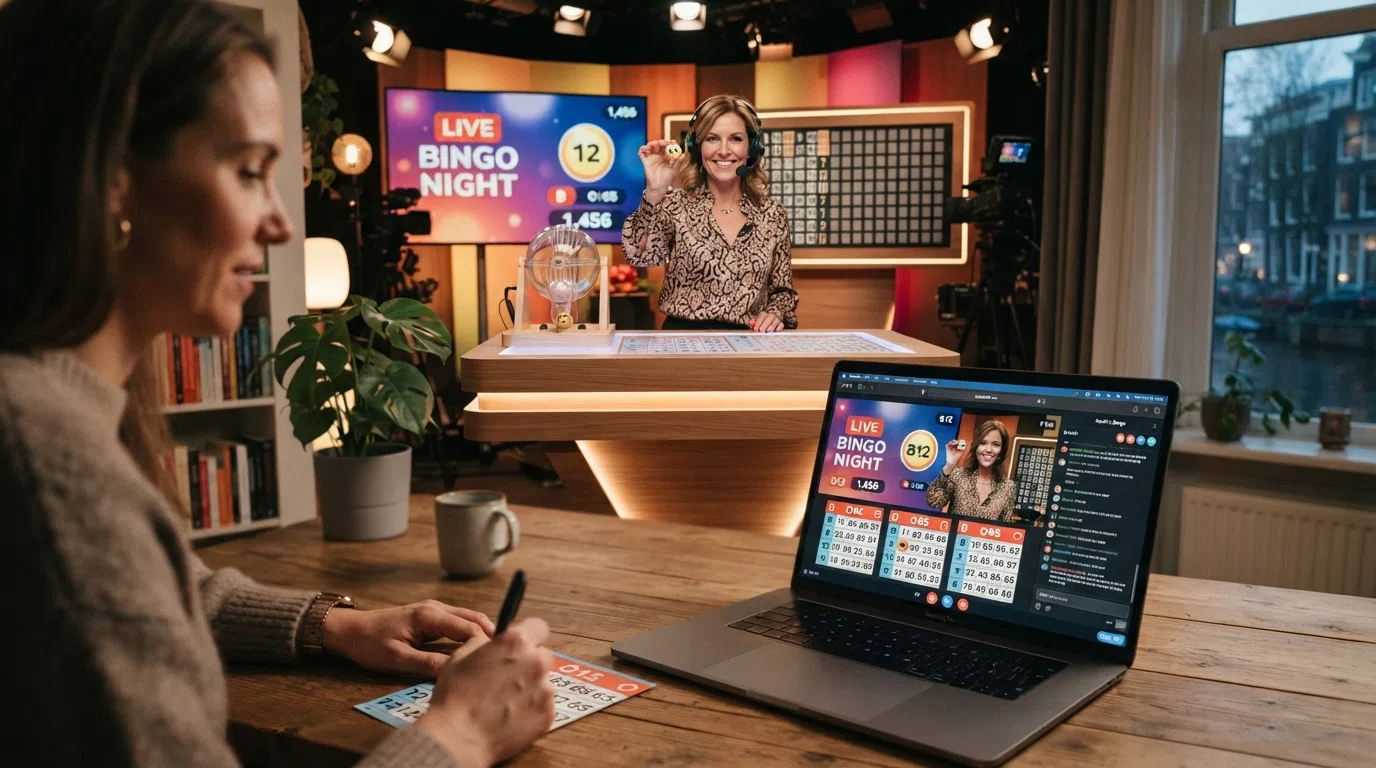 Een live online bingo-sessie met een professionele presentator die nummers trekt, meerdere spelers in beeld en een actief chatvenster ernaast