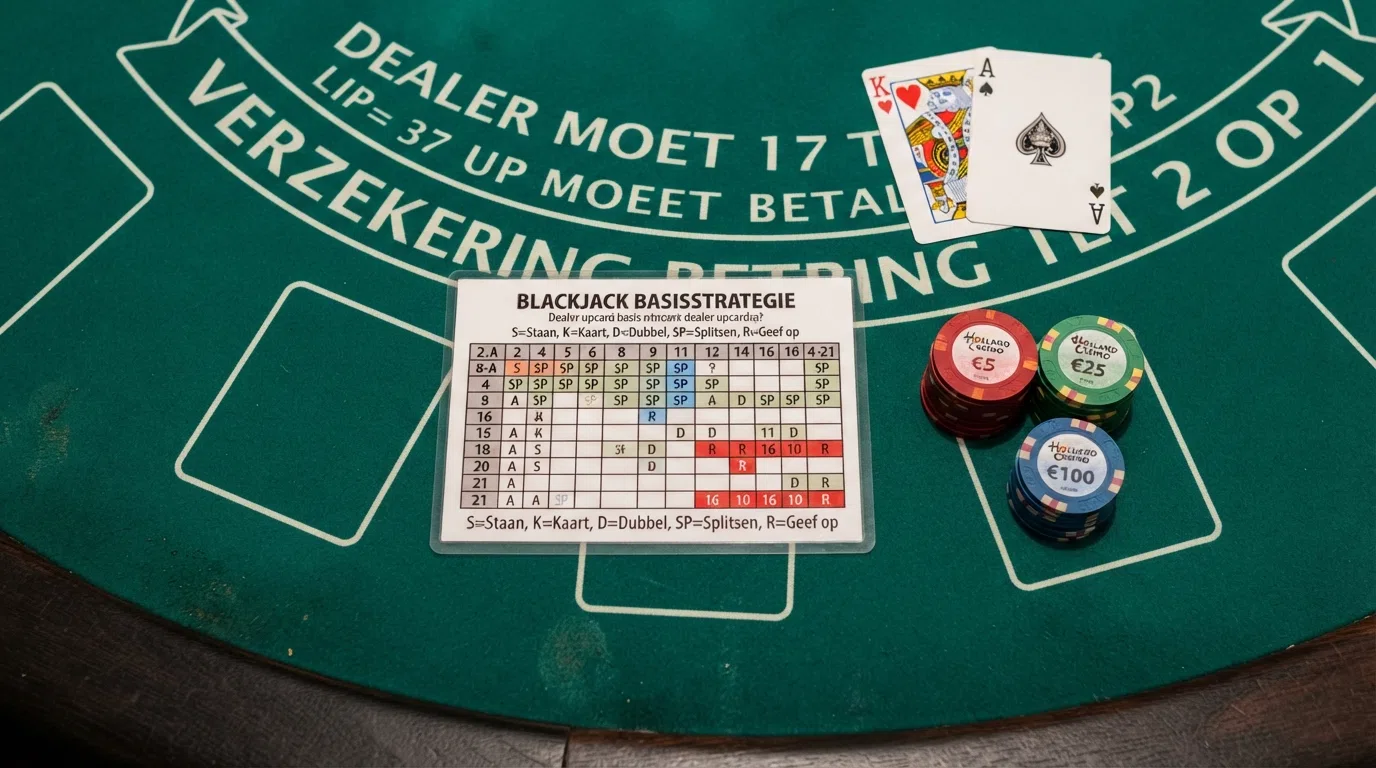 Een close-up van een blackjack-strategiekaart naast een live blackjack-tafel met fiches en kaarten