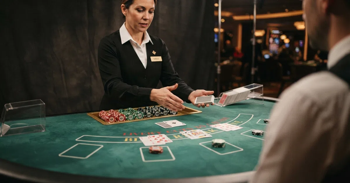 Een live dealer aan een blackjack-tafel in een professionele casino-studio, met kaarten en een speeltafel in beeld