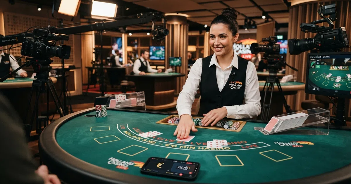 Een live dealer in een casino-studio deelt kaarten aan een blackjacktafel, omringd door camerastatieven en studiobelichting, met een spelinterface in beeld