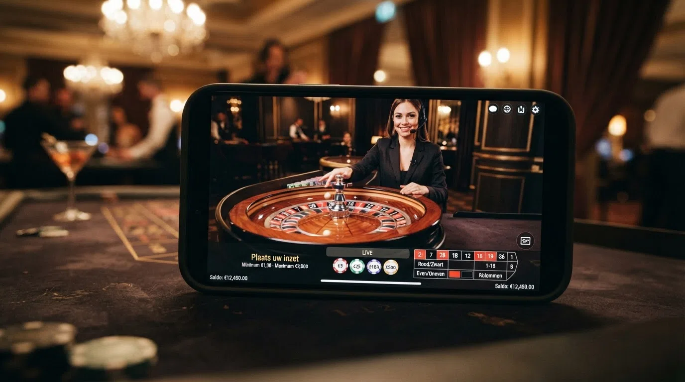 Een live-roulettetafel met een echte dealer in beeld op een smartphone, met de inzetopties onderaan het scherm