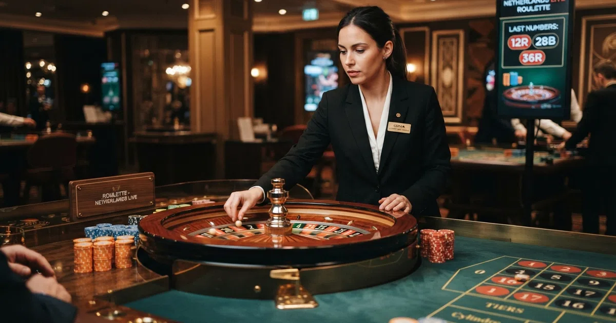 Een live roulette tafel met een echte croupier in een sfeervol verlichte studio, het wiel draait en het beeld wordt via meerdere camera's gestreamd naar een online interface