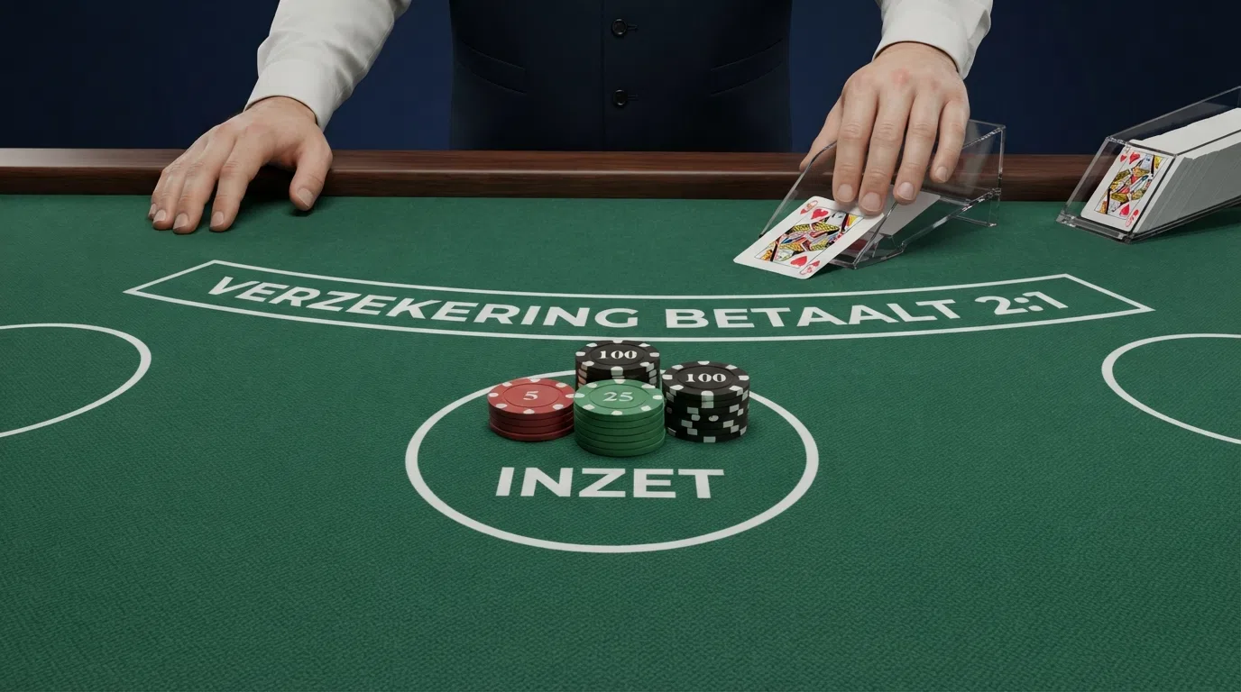 Een close-up van een live blackjack tafel met fiches voor hoge inzetten, met de dealer in beeld en het spelinterface eromheen