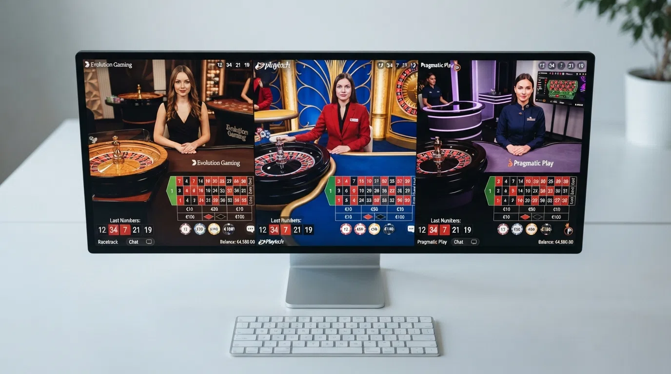 een overzicht van de interfaces van drie verschillende Nederlandse live casino's, naast elkaar op een desktopscherm, met zichtbare dealerbeelden en inzetopties