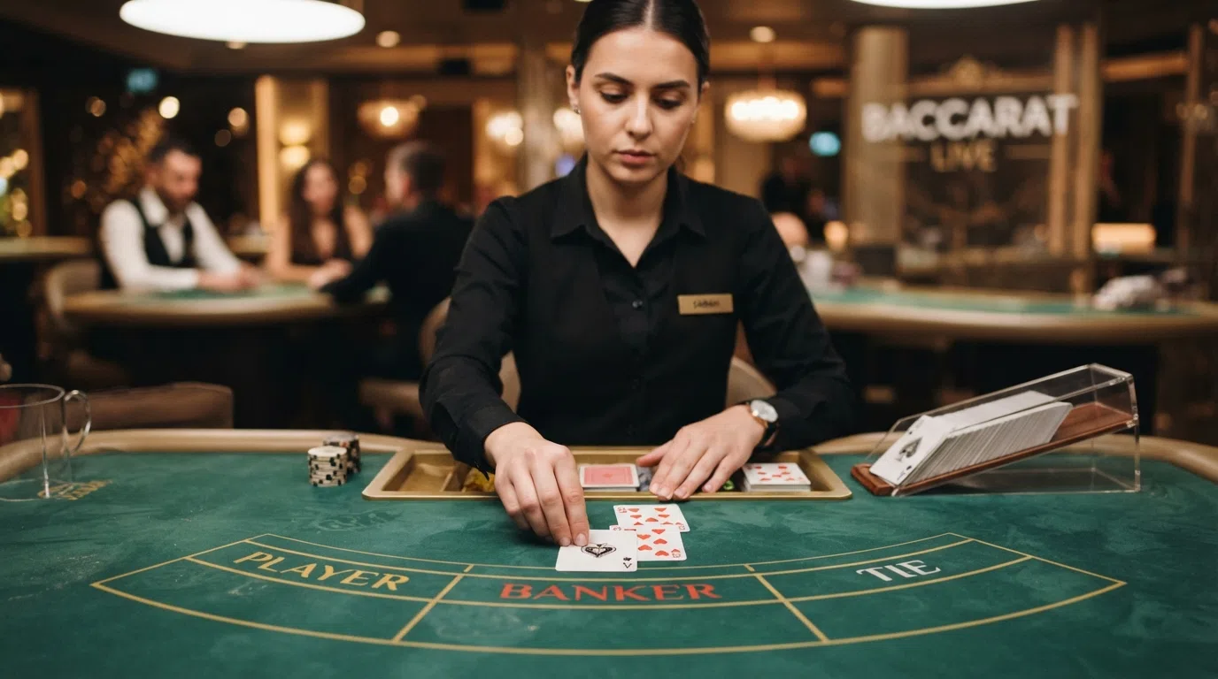 Close-up van een live dealer die kaarten uit een shoe trekt, met de inzetvakken voor Banker, Player en Tie scherp in beeld op een HD-monitor