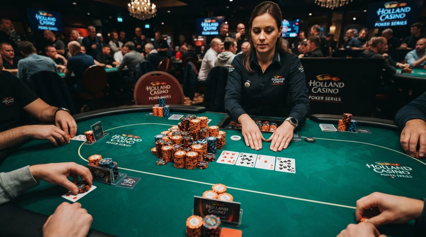 Spelers in actie aan een toernooitafel tijdens een Holland Casino Poker Series-evenement