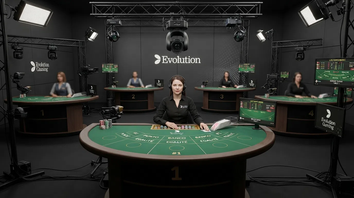 Een professionele live casino-studio met meerdere punto banco-tafels, camera's en monitors in een uitgestoken setting