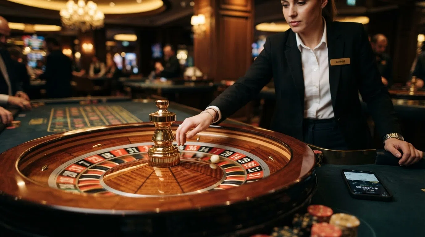 Close-up van een draaiend live roulettewiel met een croupier die de bal in tegengestelde richting werpt, de nummers scherp in beeld