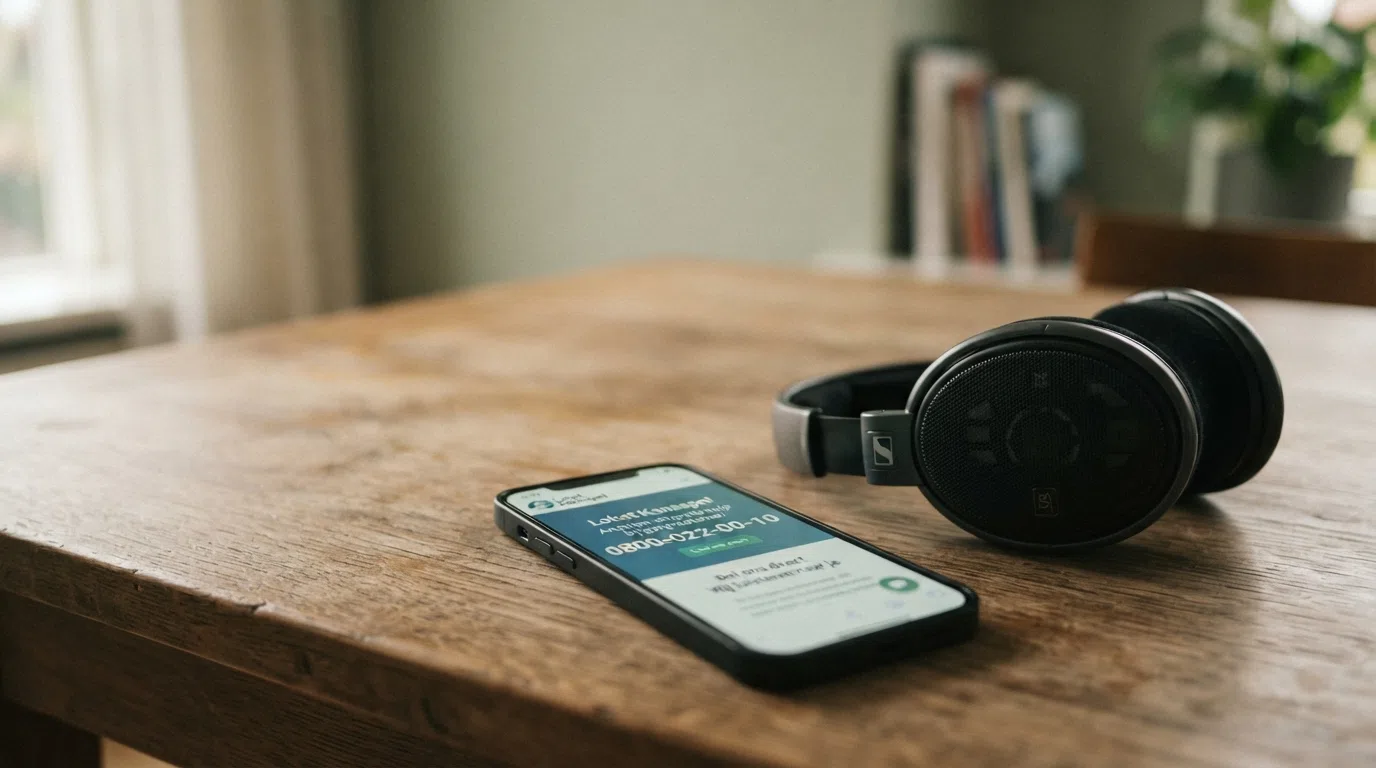 Een smartphone met daarop de website loketkansspel.nl geopend, met het telefoonnummer 0800-022-00-10 prominent op het scherm en een koptelefoon ernaast