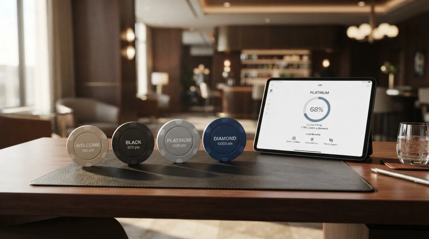 Een visuele weergave van oplopende VIP-niveaus met per trede meer voordelen: cashback, snellere uitbetalingen en persoonlijke service