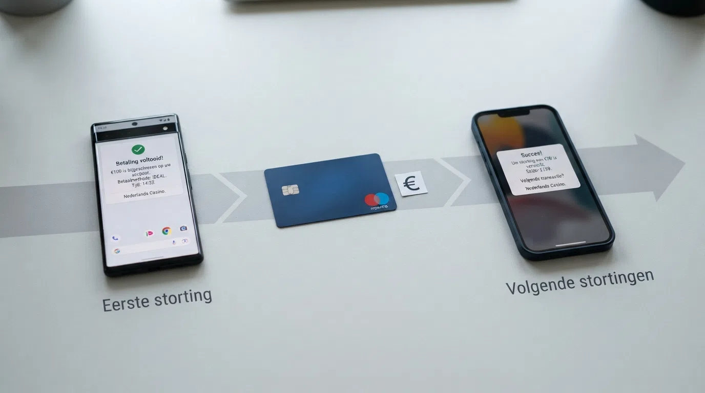 Een stapsgewijze weergave van het stortingsproces: iDEAL-logo als eerste stap, gevolgd door Mastercard bij de tweede storting, met een tijdlijn die de volgorde verduidelijkt