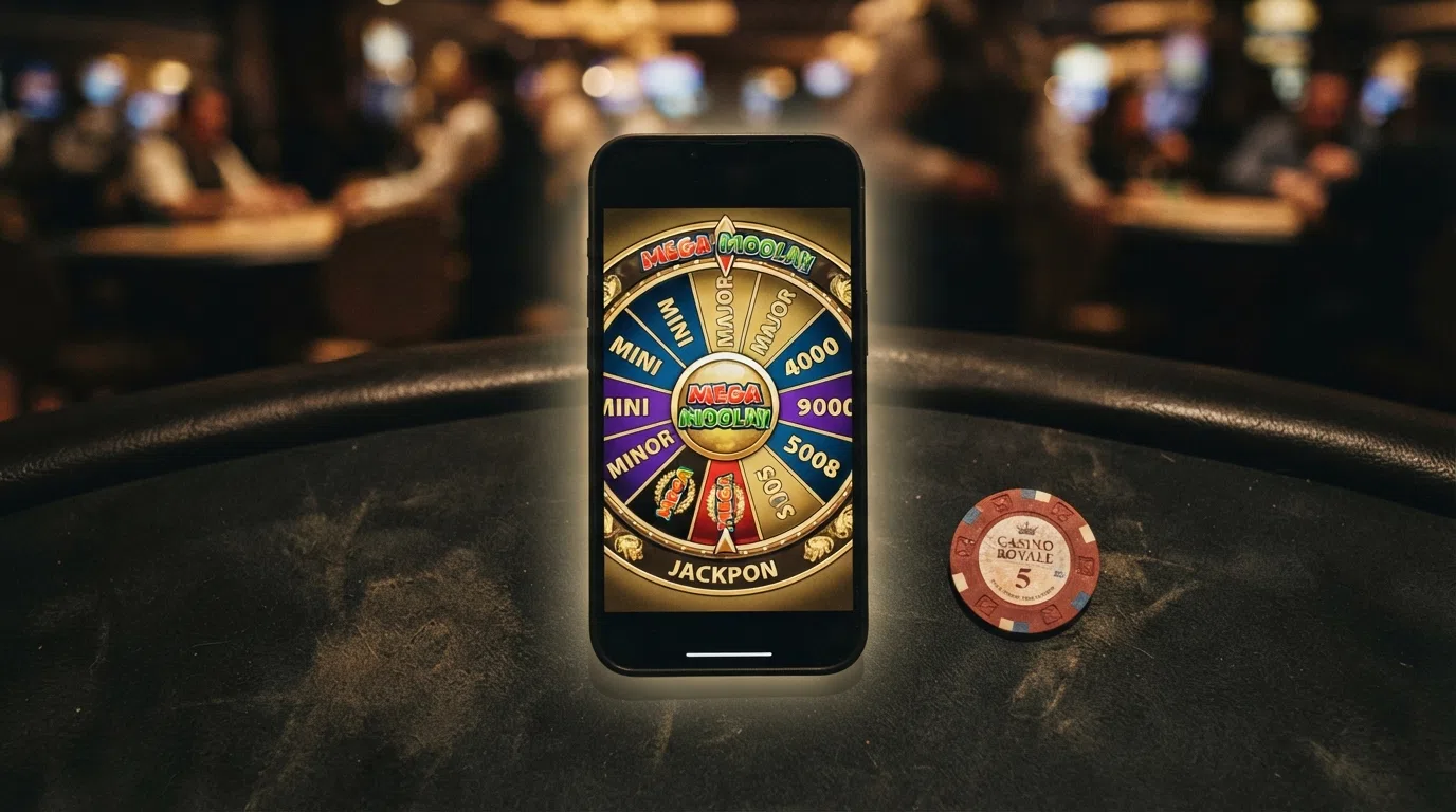 Het progressieve jackpotwiel van de Mega Moolah-slot, met de vier jackpotniveaus zichtbaar boven de rollen